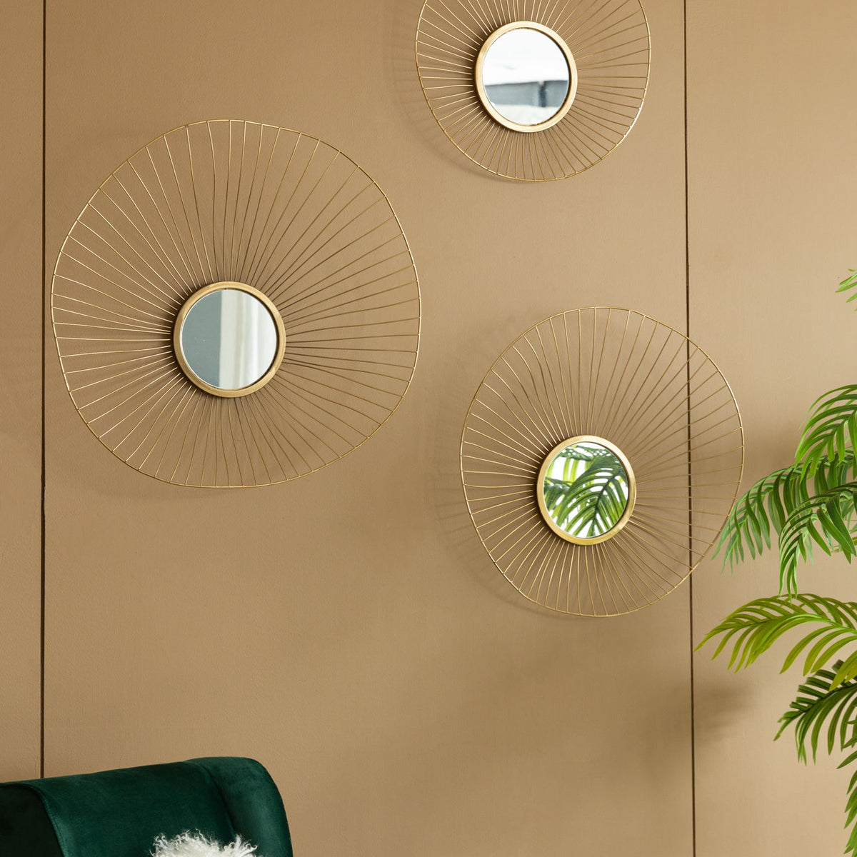 Wall Mirror Abstract Designed Wall Mirrors WithFrame For Home & Office, Top Of Sideboard (Set of 3) - Gold