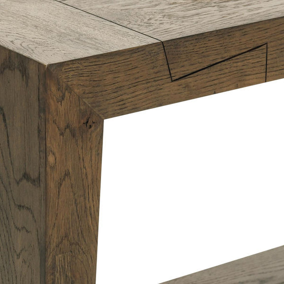 Brown wooden console table corner detail with visible join and grain