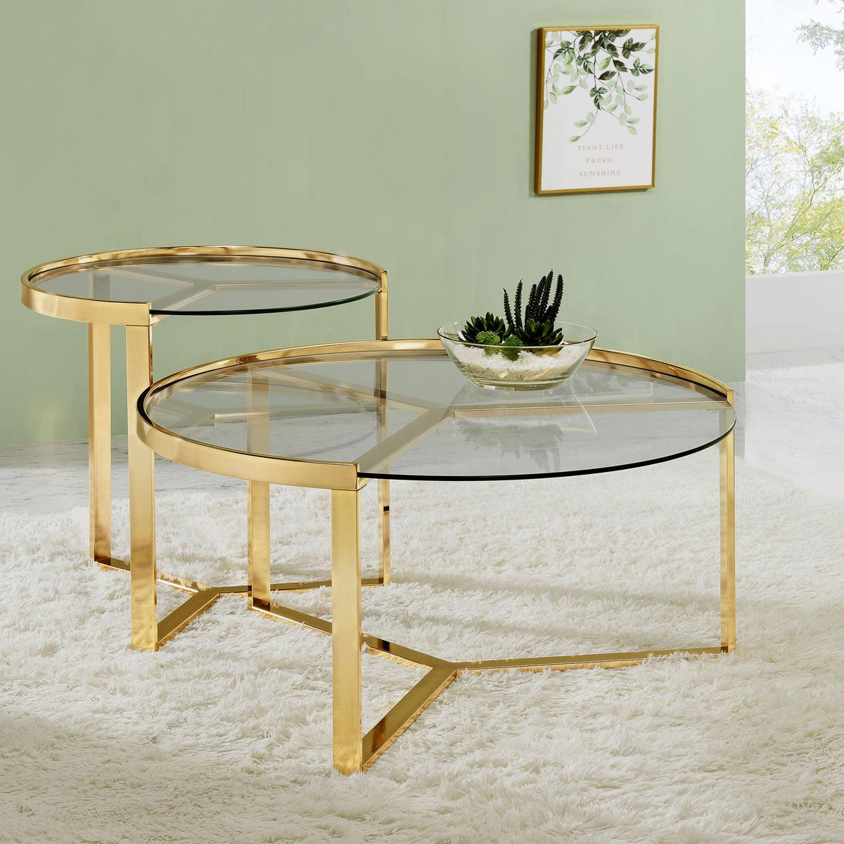 Delia 2-Piece Round Glass Top Nesting Coffee Table Gold