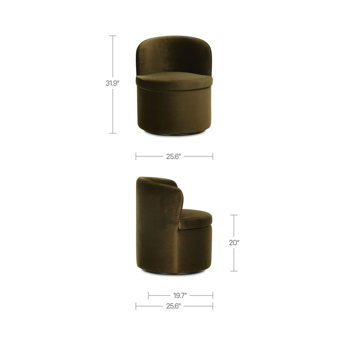 Green swivel chair with dimensions, rounded barrel back and armchair-style seat