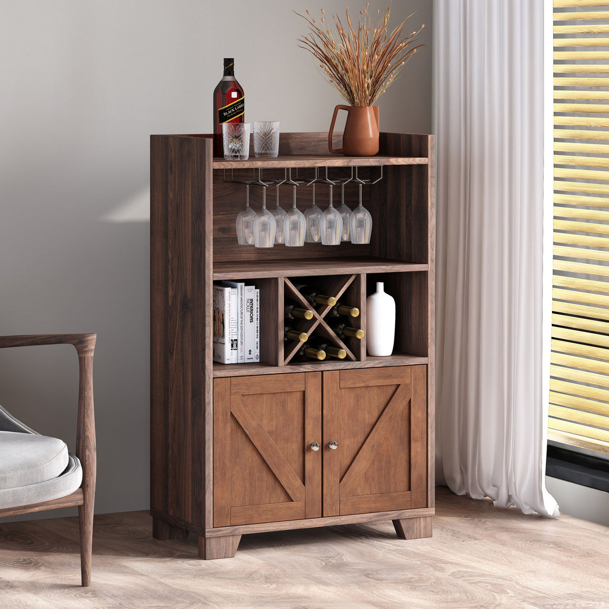 Farmhouse Style Monita Wine Cabinet With Storage Space - Walnut