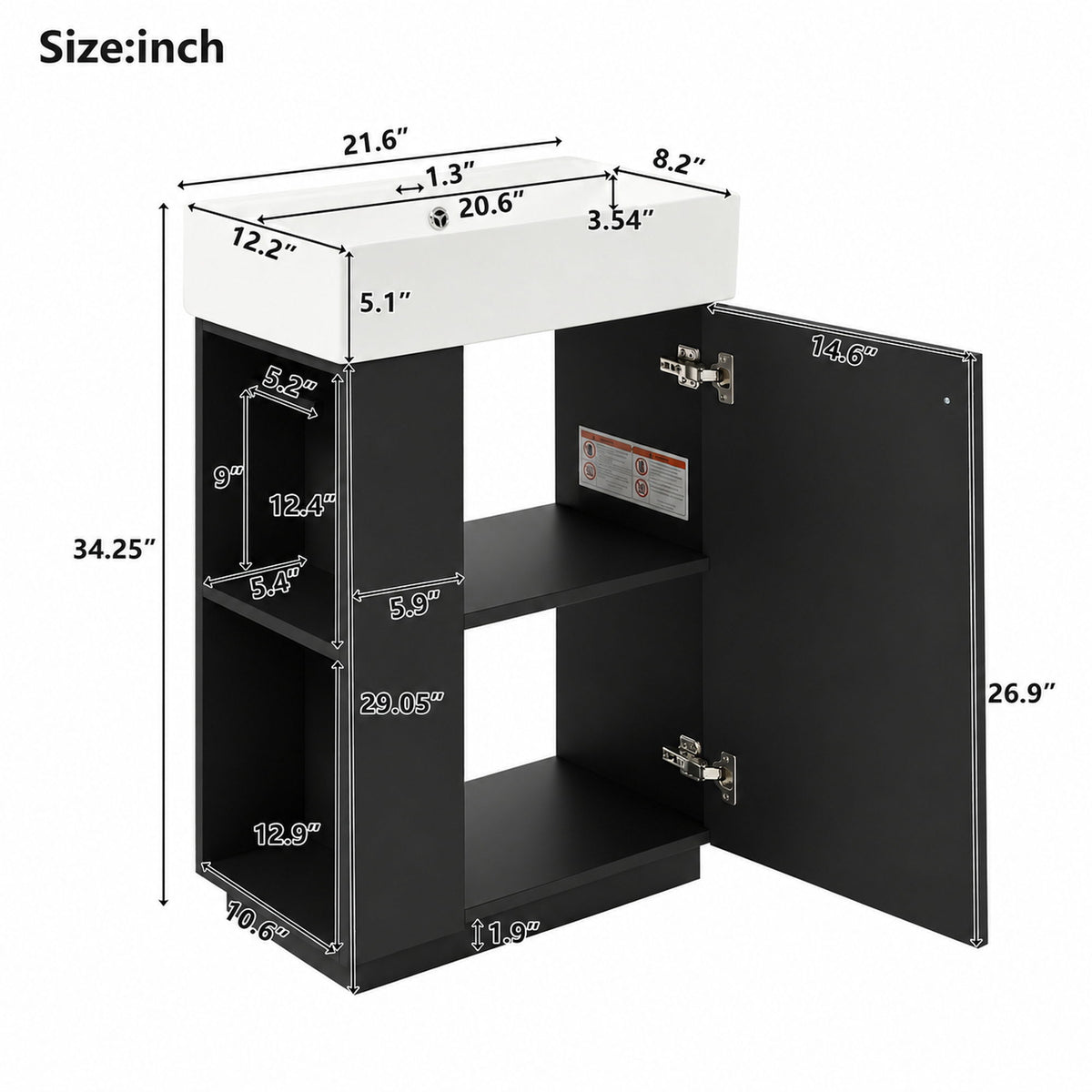 Freestanding bathroom vanity cabinet with open doors and two storage shelves