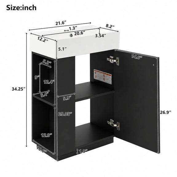 Freestanding bathroom vanity cabinet with open doors and two storage shelves