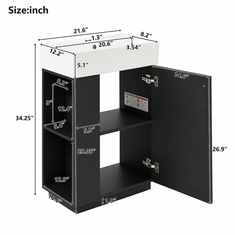 Freestanding bathroom vanity cabinet with open doors and two storage shelves