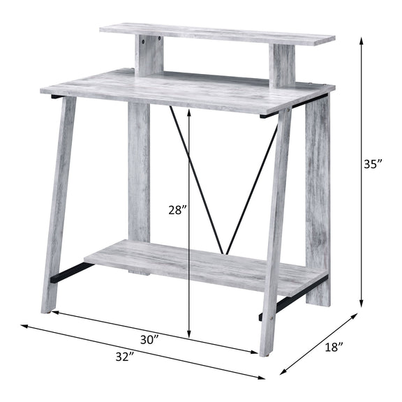 Light wood modern writing desk with two shelves and open X-brace, with dimensions