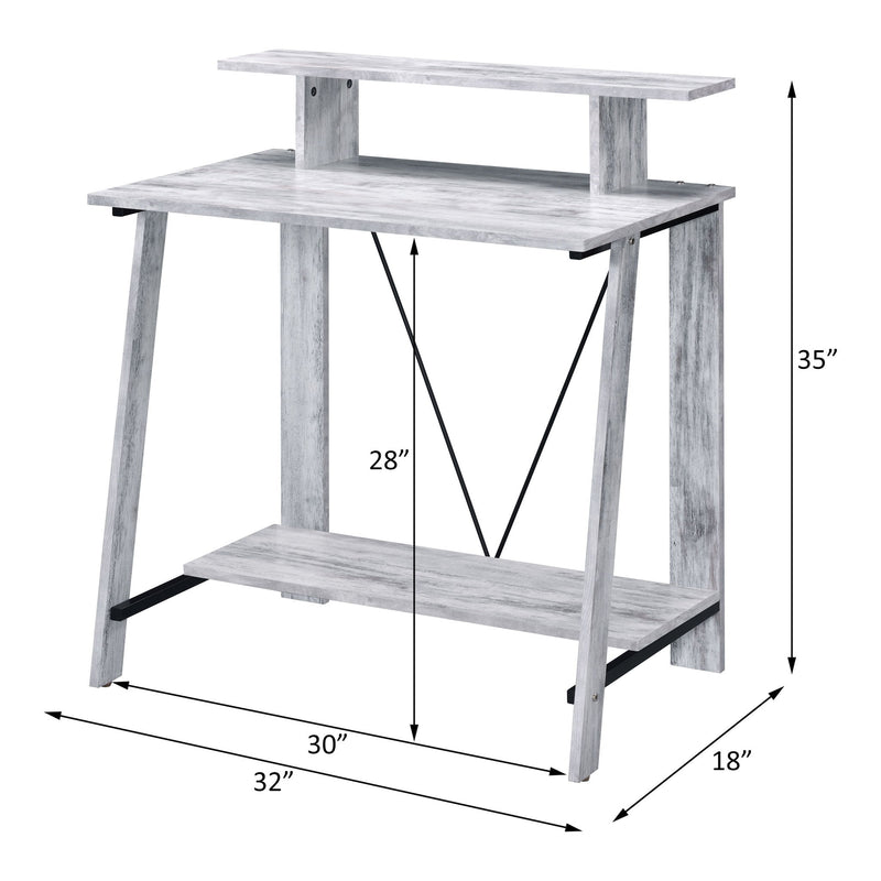 Light wood modern writing desk with two shelves and open X-brace, with dimensions
