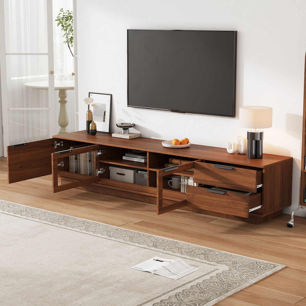 TV Stand With 2 Drawers, Doors & Cable Management, Soft Closing Hinges - Walnut