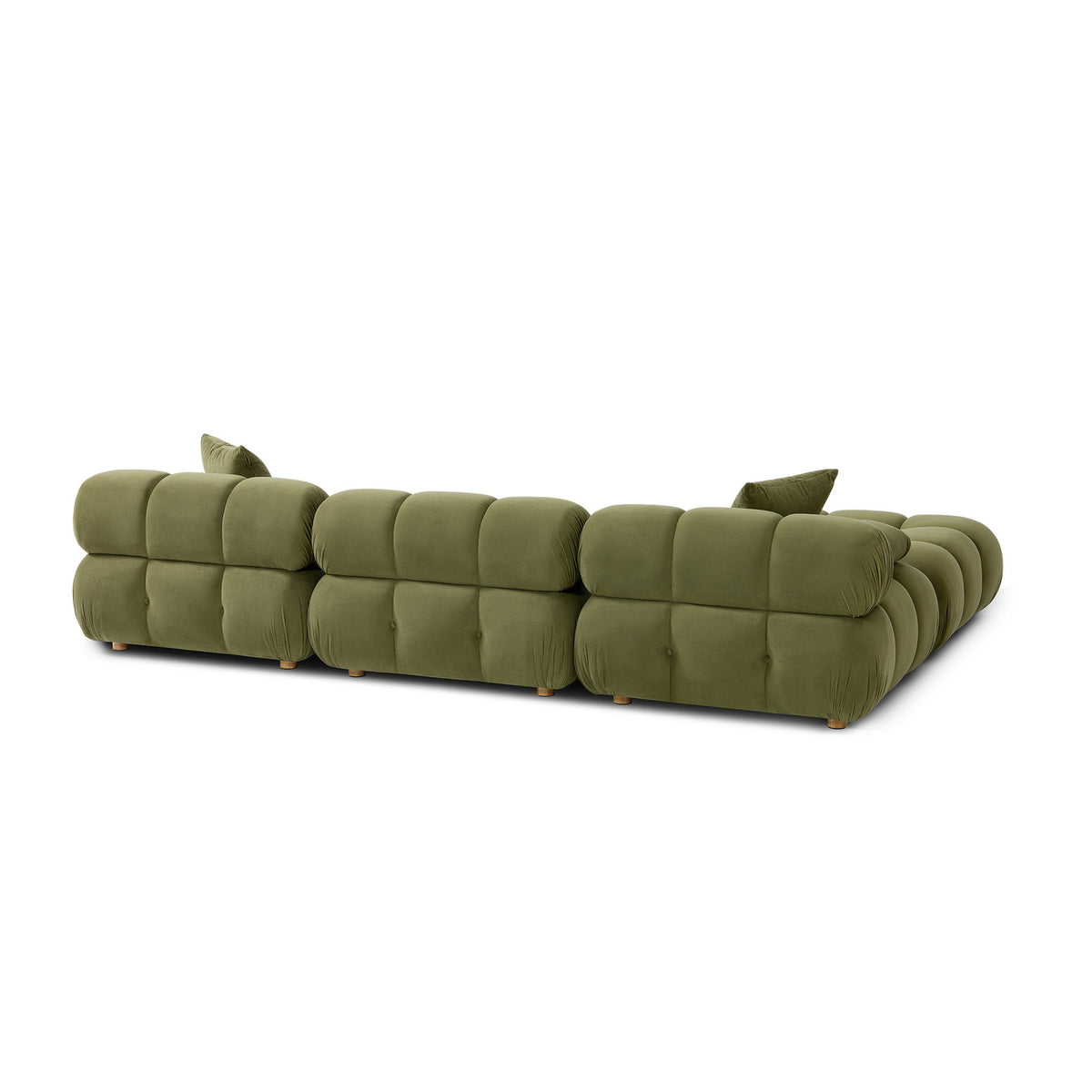 Green modular sectional sofa with multiple cushioned blocks and two armrests