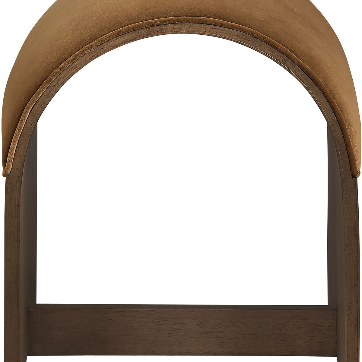 Brown velvet arched upholstered bench with open front cutout