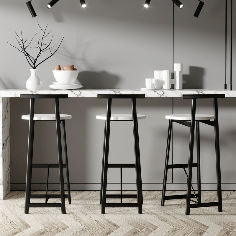 Set of 3 bar stools with backs, black seats and frames, built-in footrests