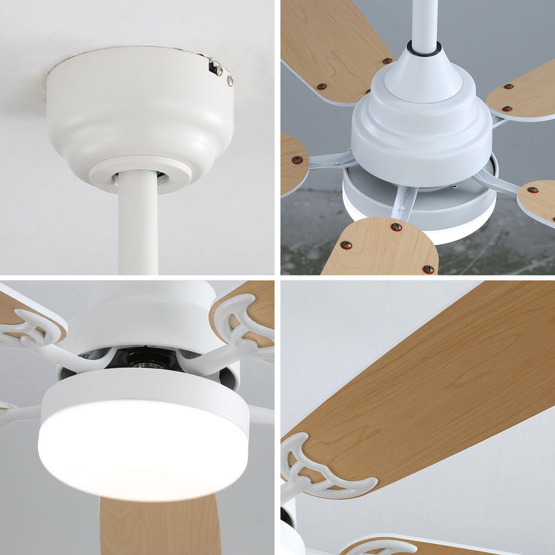White ceiling fan with LED light housing and wood blade close-up details