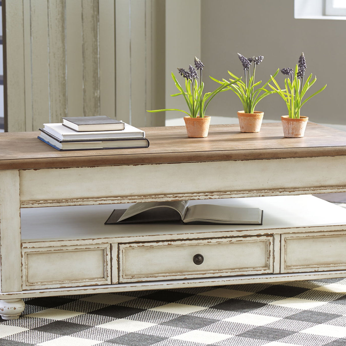 Realyn - Lift Top Cocktail Table - White / Brown