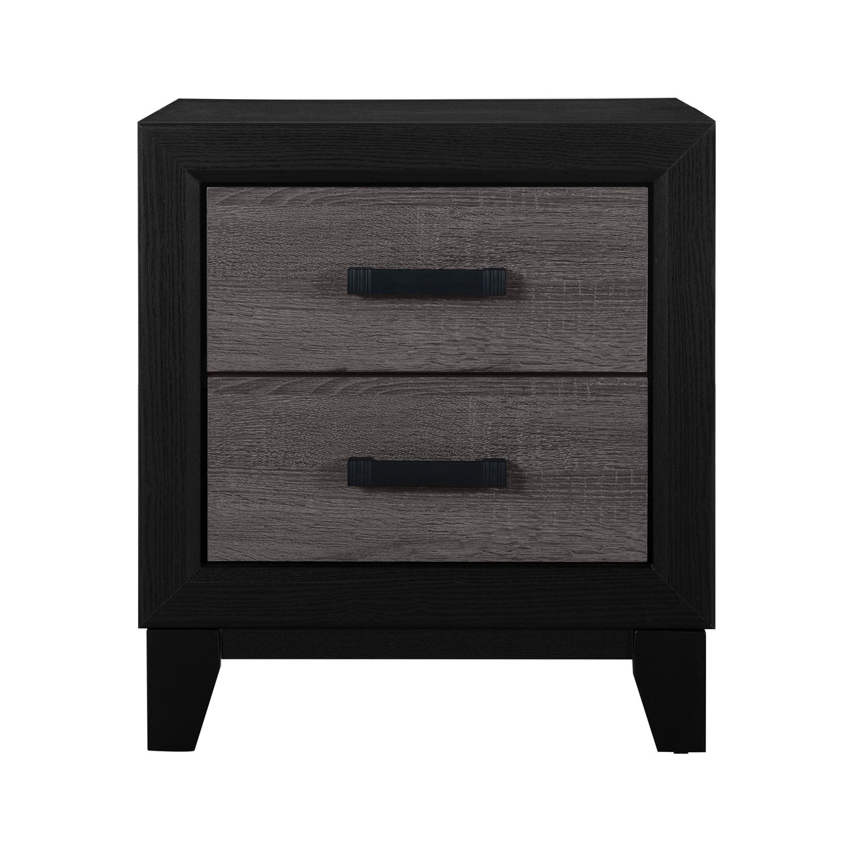 Dark gray nightstand with two drawers and dark frame, square legs