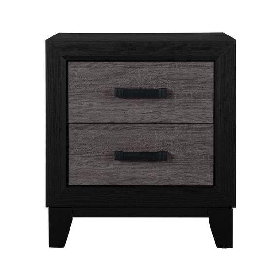 Dark gray nightstand with two drawers and dark frame, square legs