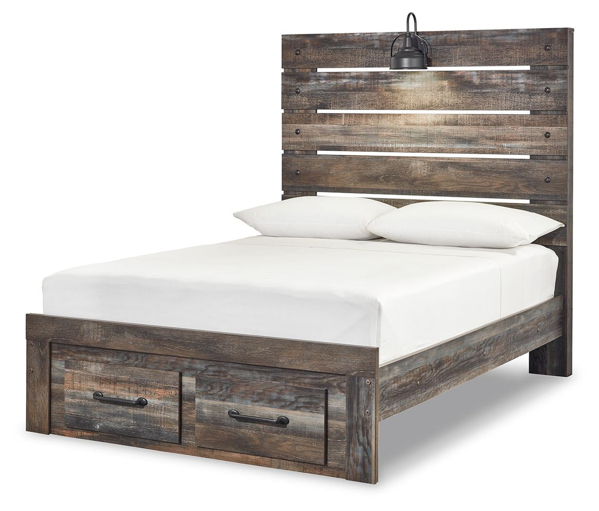 Drystan panel bed with dark wood headboard and two front drawers; white mattress with pillows.