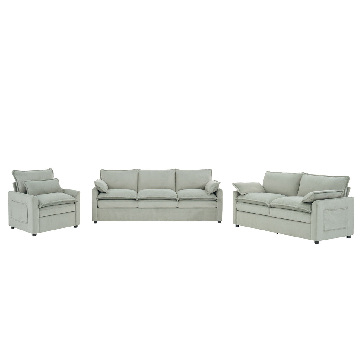 Light gray 3-piece sofa set with loveseat and two armchairs, squared arms and pillows