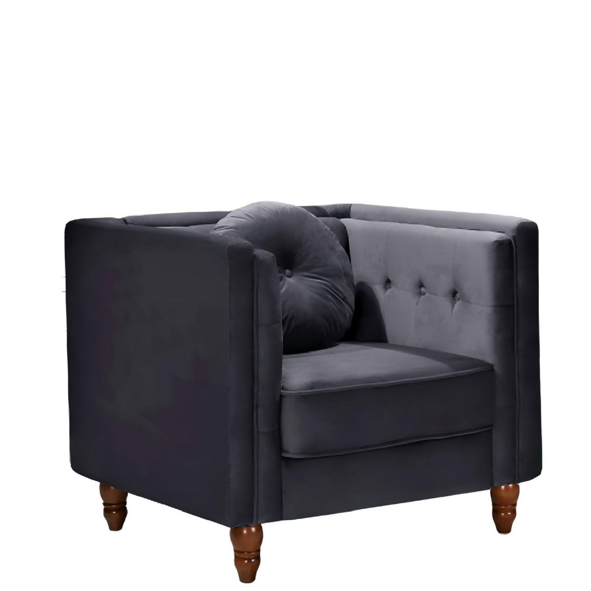 Dark gray tufted square-arm accent side chair with cushioned seat and back