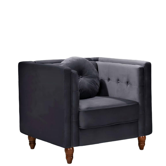 Dark gray tufted square-arm accent side chair with cushioned seat and back
