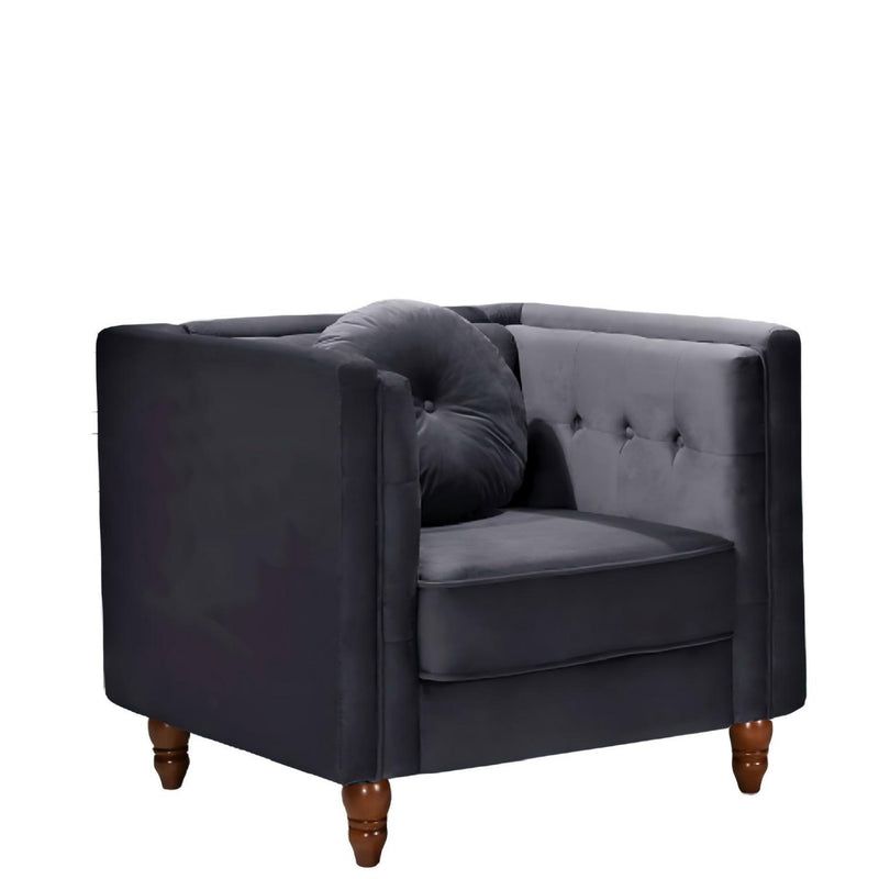 Dark gray tufted square-arm accent side chair with cushioned seat and back