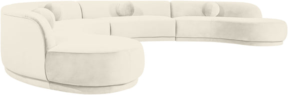 Cream velvet performance sectional sofa with chaise and plush, rounded seat cushions