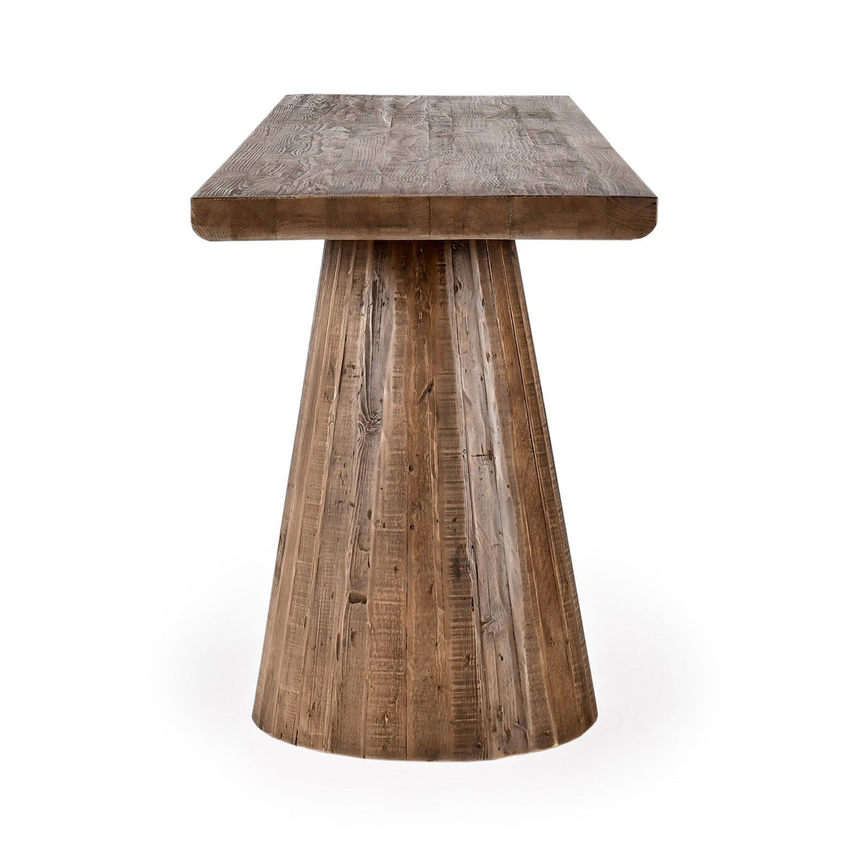 Brown wooden counter table with square top and single wide pedestal base