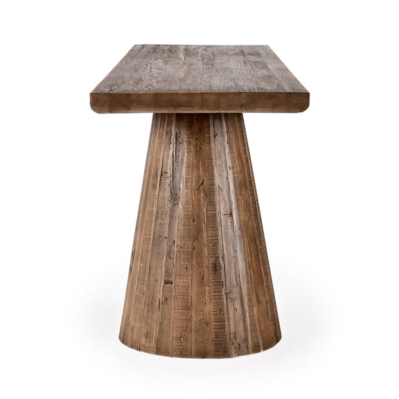 Brown wooden counter table with square top and single wide pedestal base