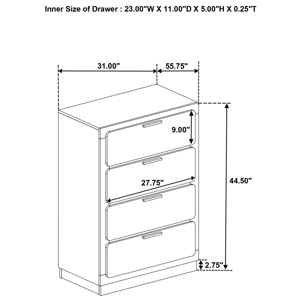 Four-drawer chest dimensions diagram showing internal depth and drawer sizing