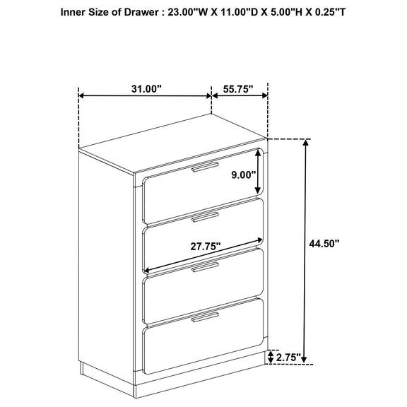 Four-drawer chest dimensions diagram showing internal depth and drawer sizing