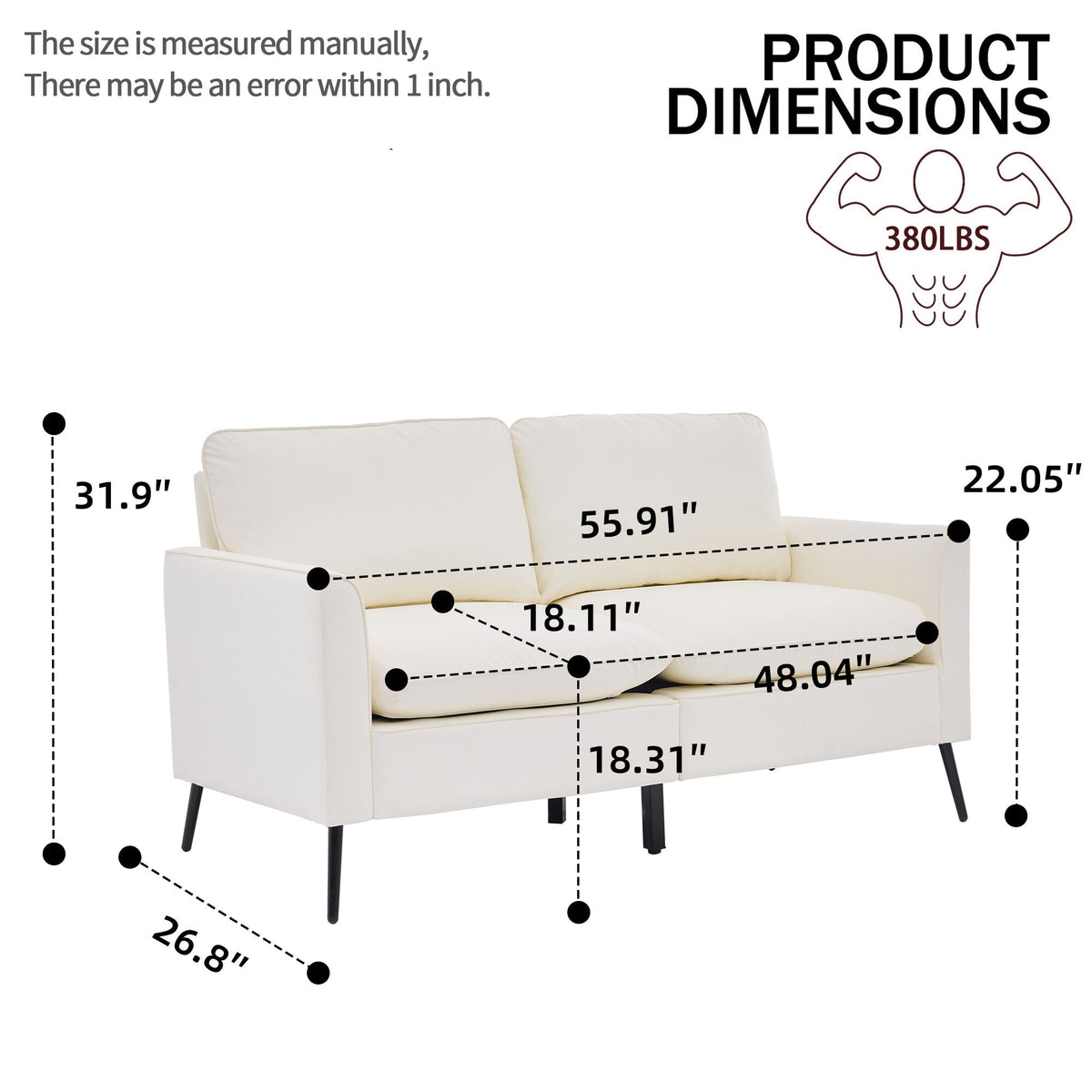 White 2-seat upholstered loveseat with tufted back, padded arms, and black legs