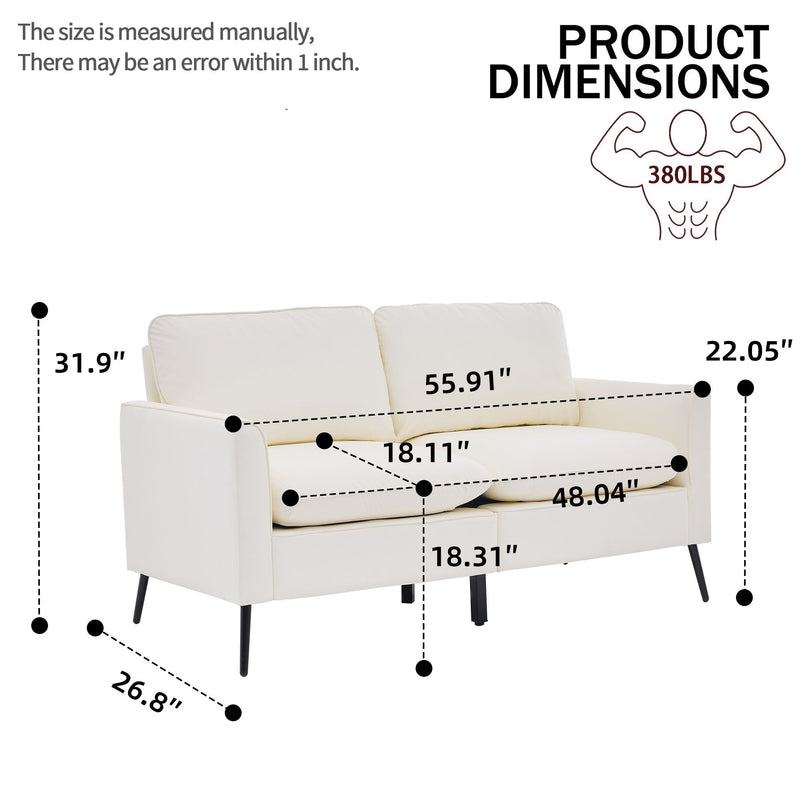 White 2-seat upholstered loveseat with tufted back, padded arms, and black legs