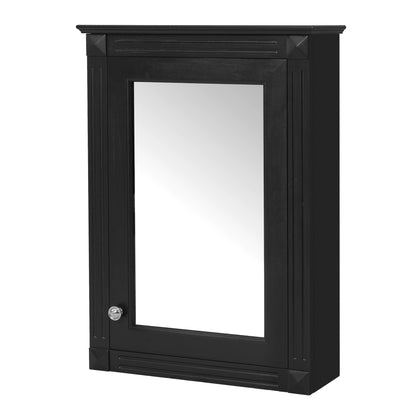 Black wall-mounted medicine cabinet with mirrored door and decorative frame trim