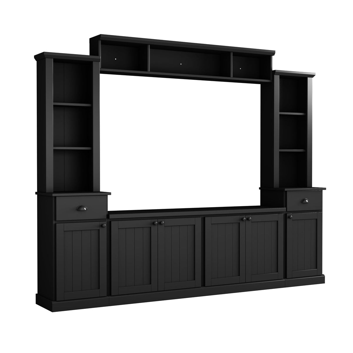 Black minimalist entertainment wall unit set with open shelves and center TV opening