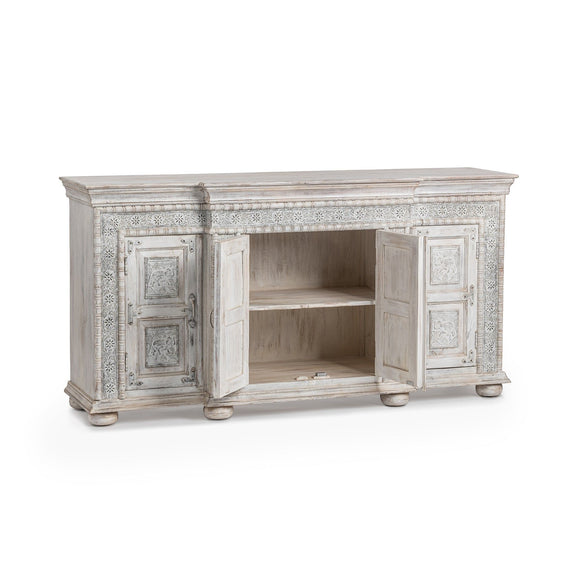 Heritage cream breakfront cabinet with open shelves behind carved door panels and bun feet
