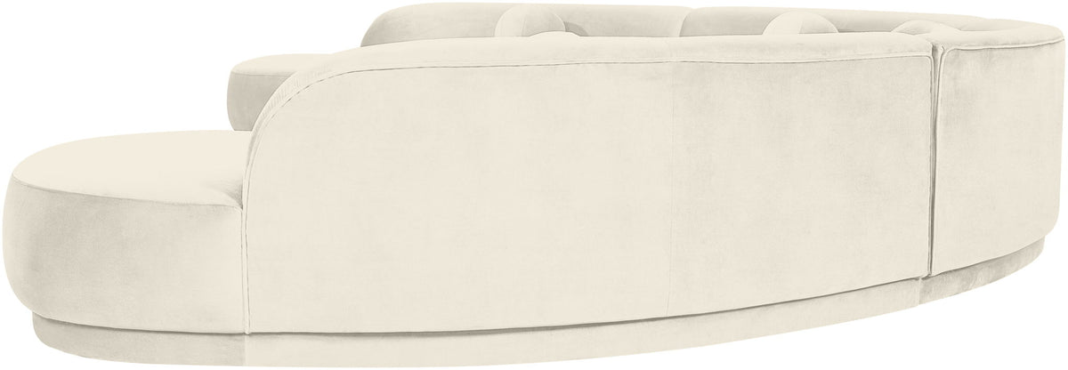 Light cream velvet performance sectional sofa with chaise and rounded back cushions