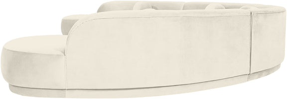 Light cream velvet performance sectional sofa with chaise and rounded back cushions
