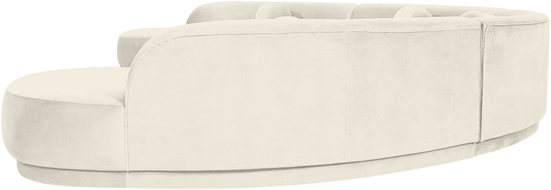 Light cream velvet performance sectional sofa with chaise and rounded back cushions
