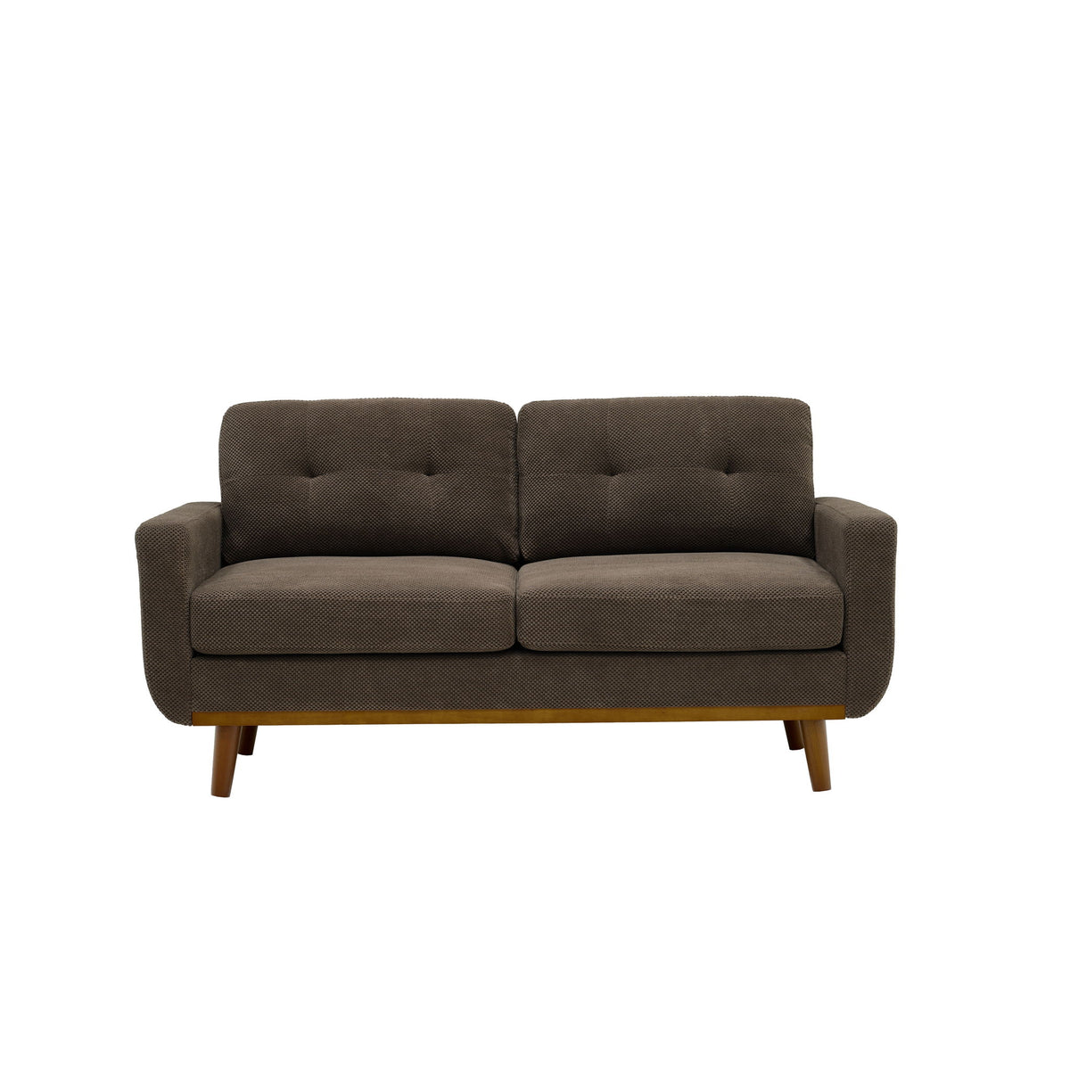 Front view of a dark brown two-seat sofa with tufted back cushions and wooden legs