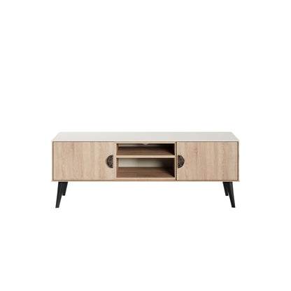 Manhattan Haley TV stand in light brown wood finish with black legs, two doors, and center shelves
