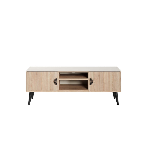 Manhattan Haley TV stand in light brown wood finish with black legs, two doors, and center shelves