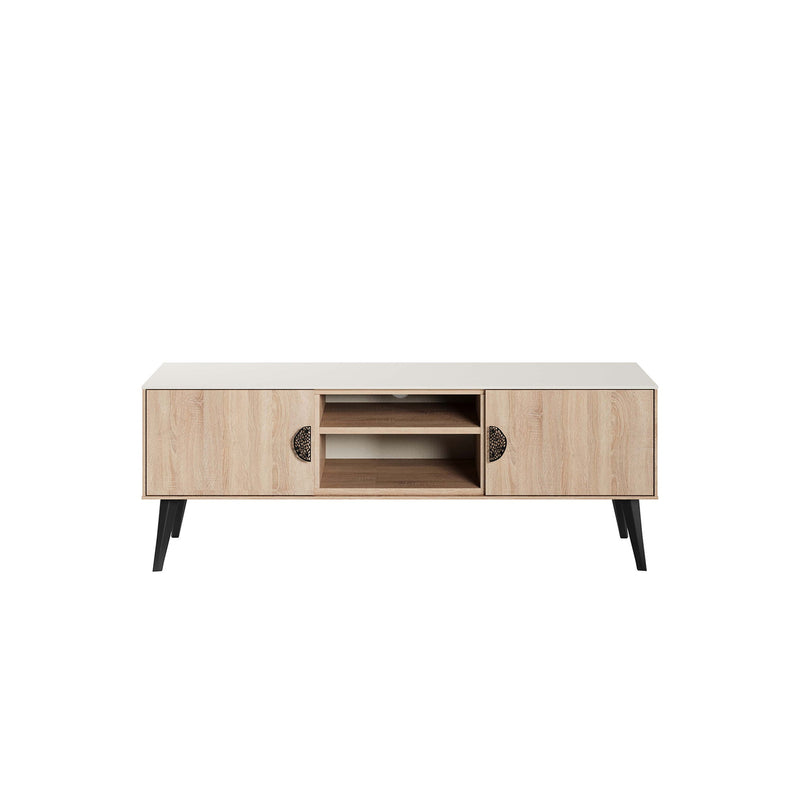 Manhattan Haley TV stand in light brown wood finish with black legs, two doors, and center shelves