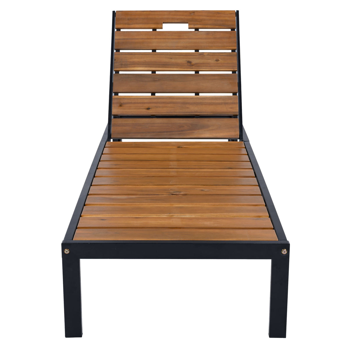 Outdoor chaise lounge with adjustable backrest, slatted wood seat and dark frame
