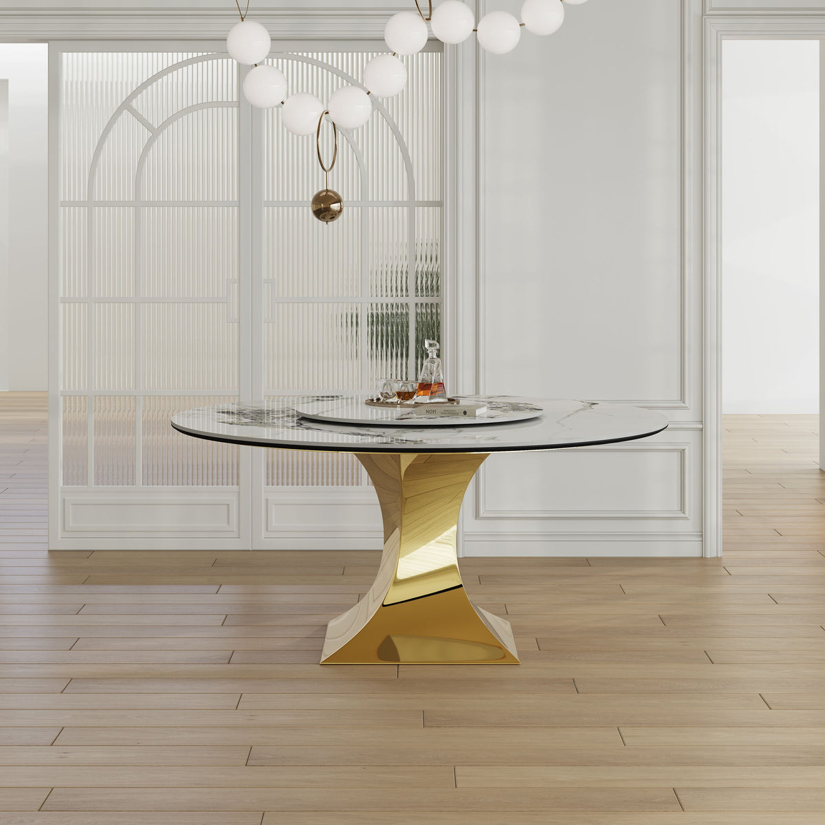 Luxury Round 59" Sintered Stone Dining Table With Stainless Steel Hourglass Base, Scratch & Heat Resistant Surface - Golden / White