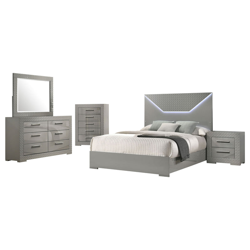 Dark gray bedroom set with LED upholstered headboard, bed, dresser, mirror, and nightstands