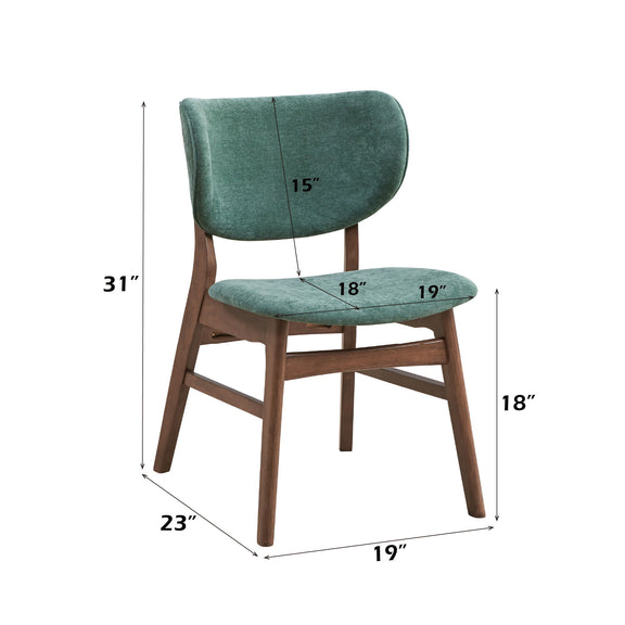 Dark green upholstered dining chair with curved back and padded seat, wooden legs
