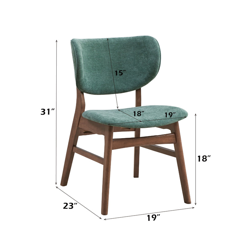 Dark green upholstered dining chair with curved back and padded seat, wooden legs