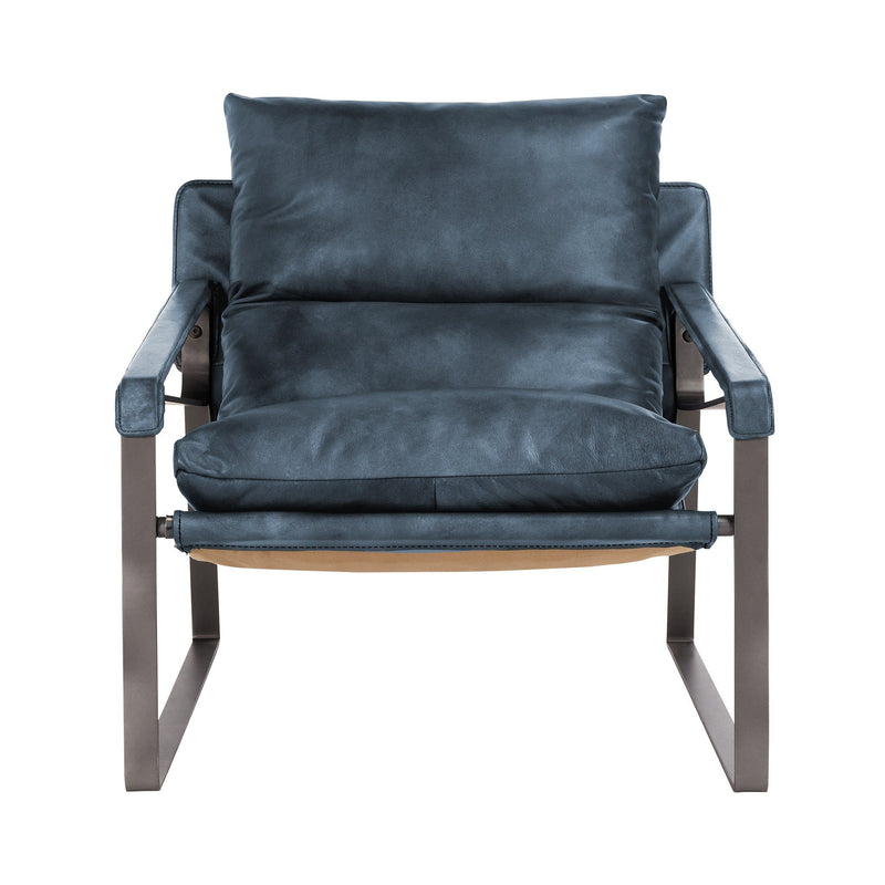 Navy-blue accent chair with cushioned seat and back, metal arms, and wood base