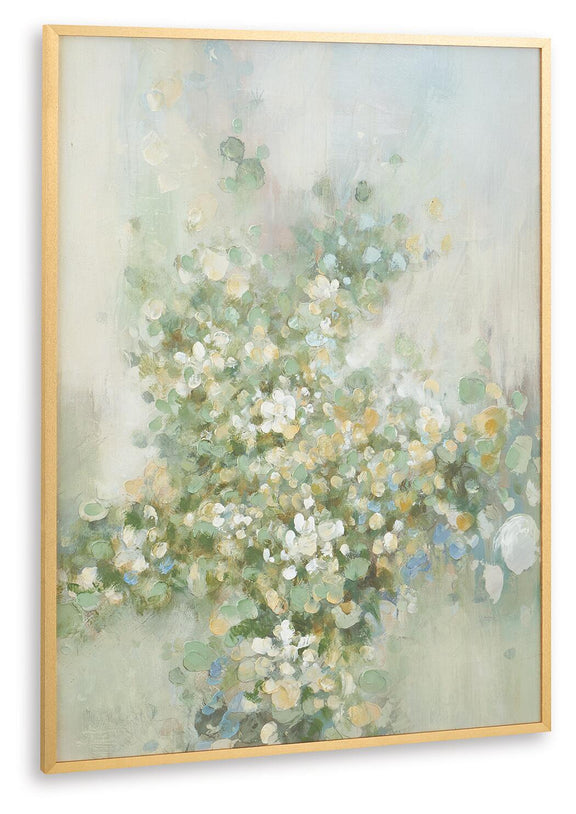 Framed abstract floral print with soft green, blue, and yellow tones