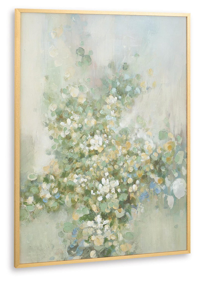 Framed abstract floral print with soft green, blue, and yellow tones