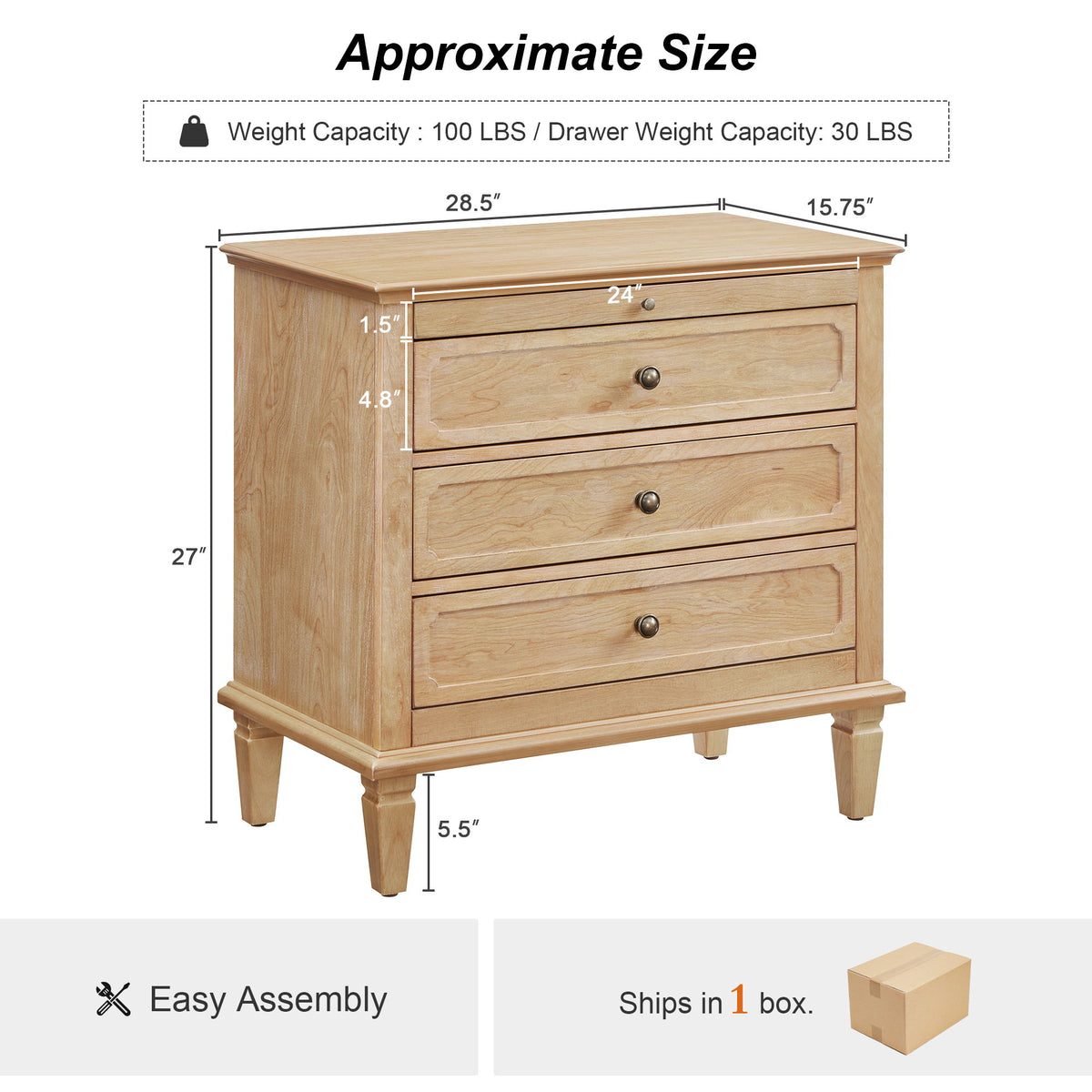 Light brown three-drawer nightstand with dimensions and weight capacity shown