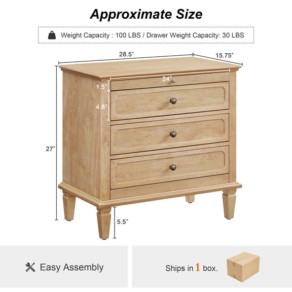 Light brown three-drawer nightstand with dimensions and weight capacity shown